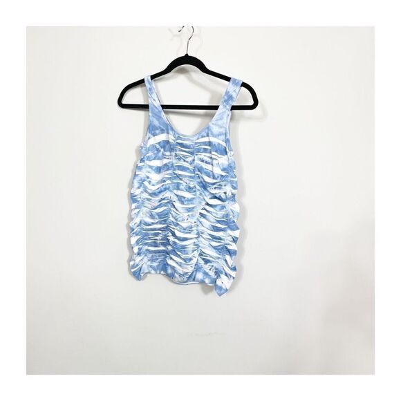 Last Tango Tank Top Double Scoop Top White Blue Ruched Pullover Womens Medium - Picture 2 of 7